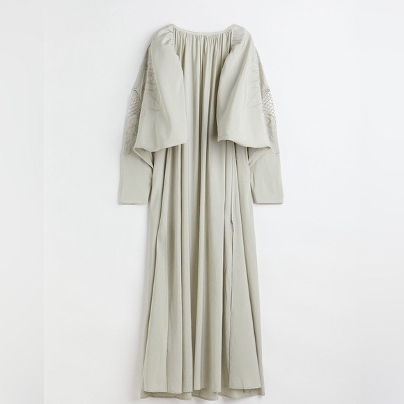 H&M Sage Green Voluminous Embroidery Lace Trimmed Full Sleeve Maxi Dress - Large - Picture 7 of 8